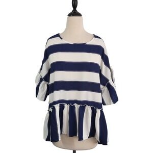 Women's Navy White Striped Peplum Top M Coastal Nautical Ruffle Tunic Boxy Beach